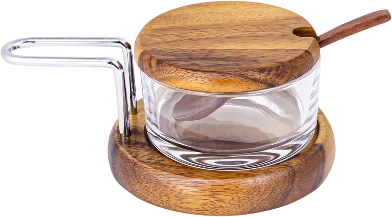 BILLI Glass Spice Jar Condiment Pot Storage Jar with Wooden Lid, Spoon, Wooden Base Glass Canisters Seasoning Box for Condiment, Salt, Sugar, Herb, Brown, ACA-60X - Image 3